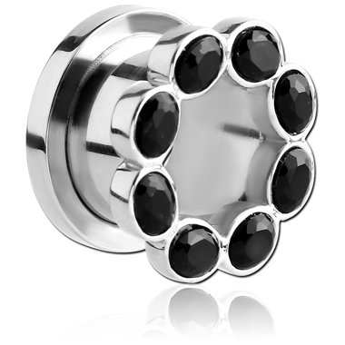 Black Cubic Zirconia Threaded Tunnels in Surgical Stainless Steel