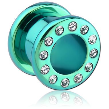 Crystal Threaded Tunnels in Green Anodised Titanium