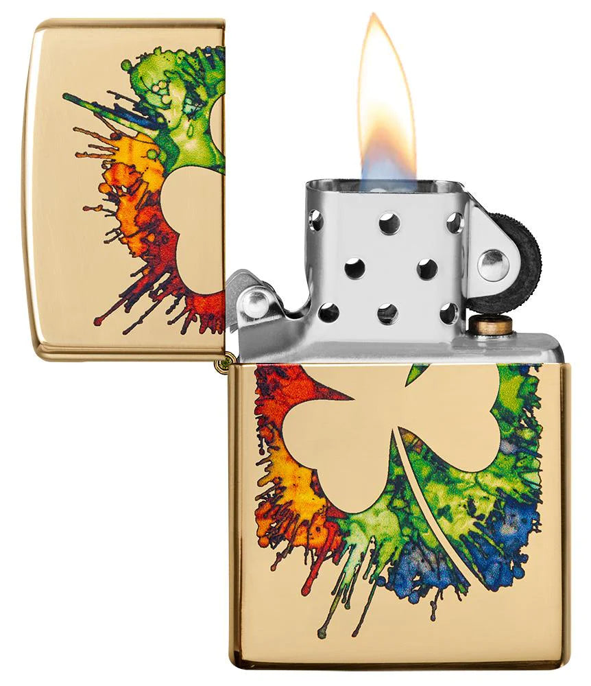Graffiti Clover High Polish Brass Zippo