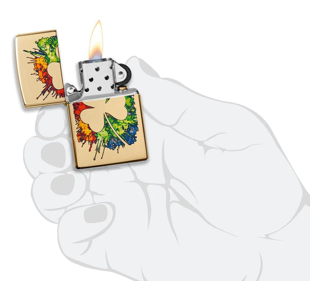 Graffiti Clover High Polish Brass Zippo