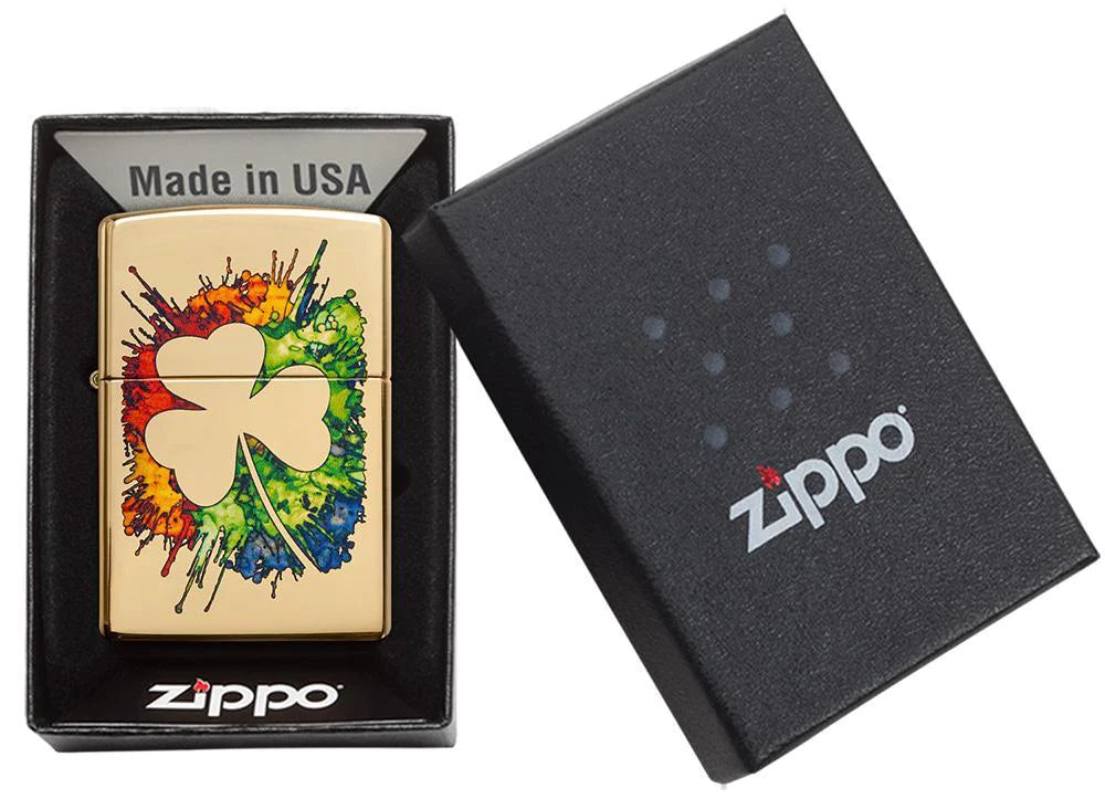 Graffiti Clover High Polish Brass Zippo
