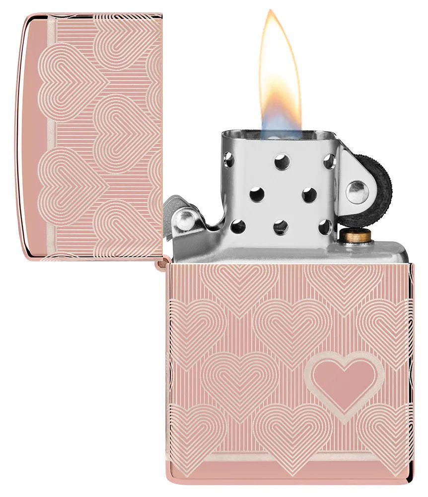 High Polish Rose Gold Hearts Zippo