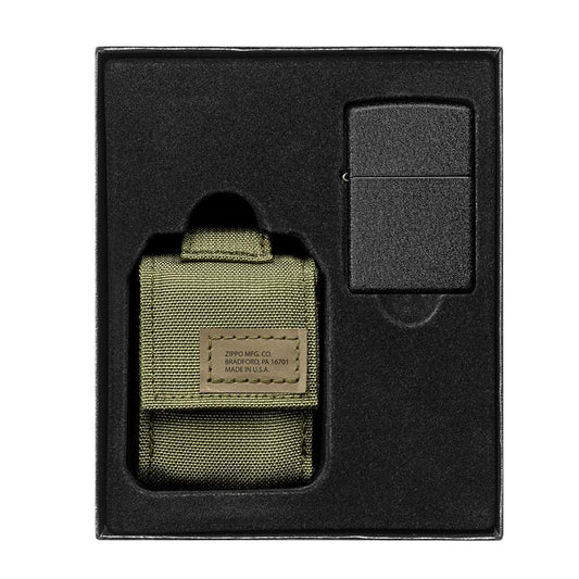 Black Crackle Zippo with Green Tactical Pouch Gift Set