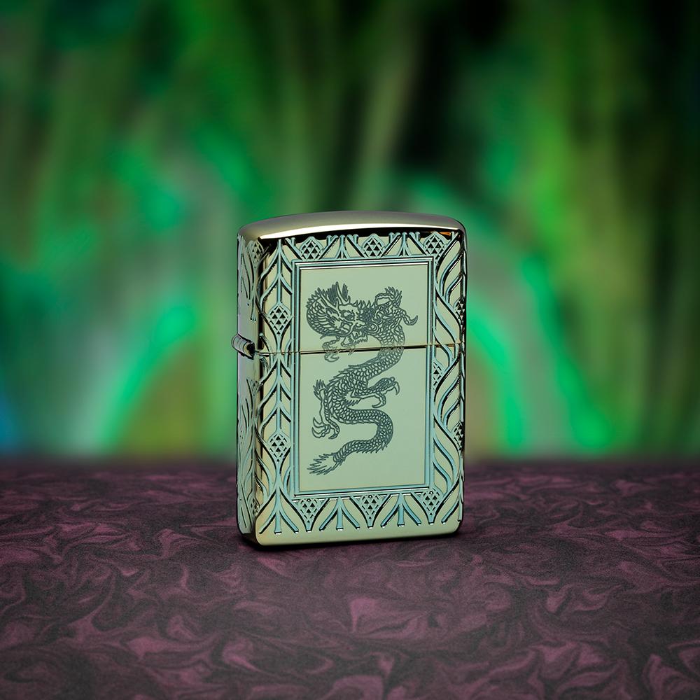 Armor High Polish Green Elegant Dragon Zippo