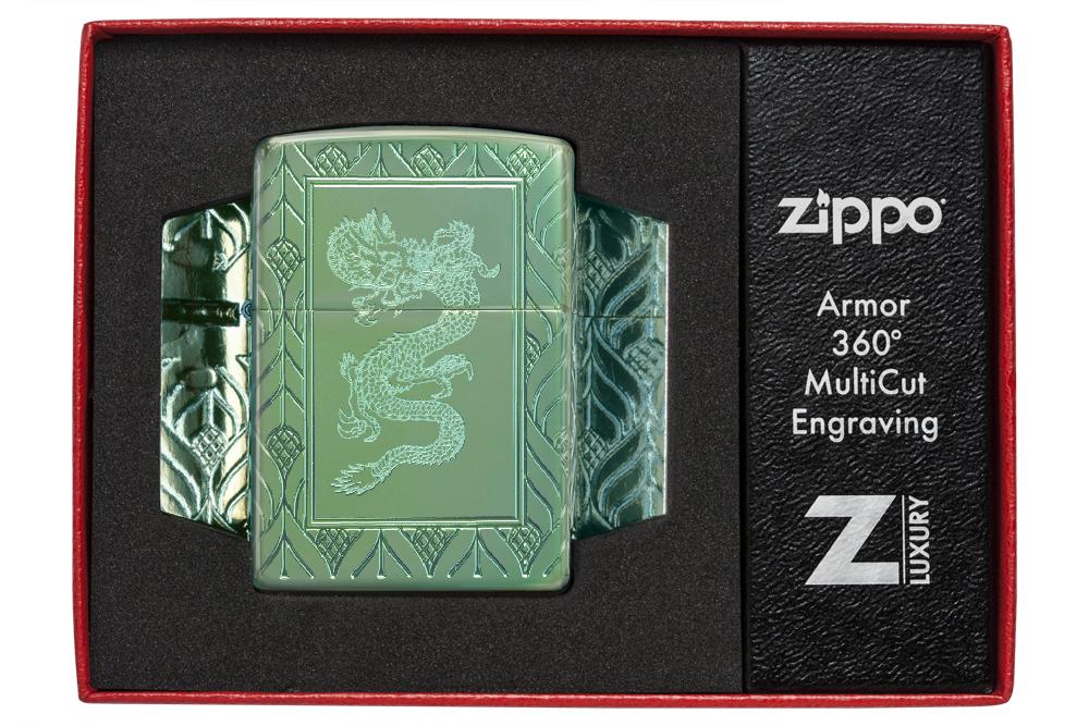 Armor High Polish Green Elegant Dragon Zippo