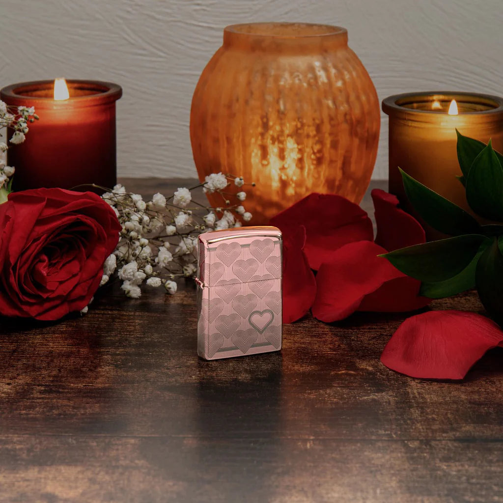 High Polish Rose Gold Hearts Zippo