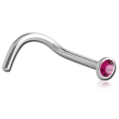 Fuchia Swarovski Curved Nose Stud in Surgical Stainless Steel