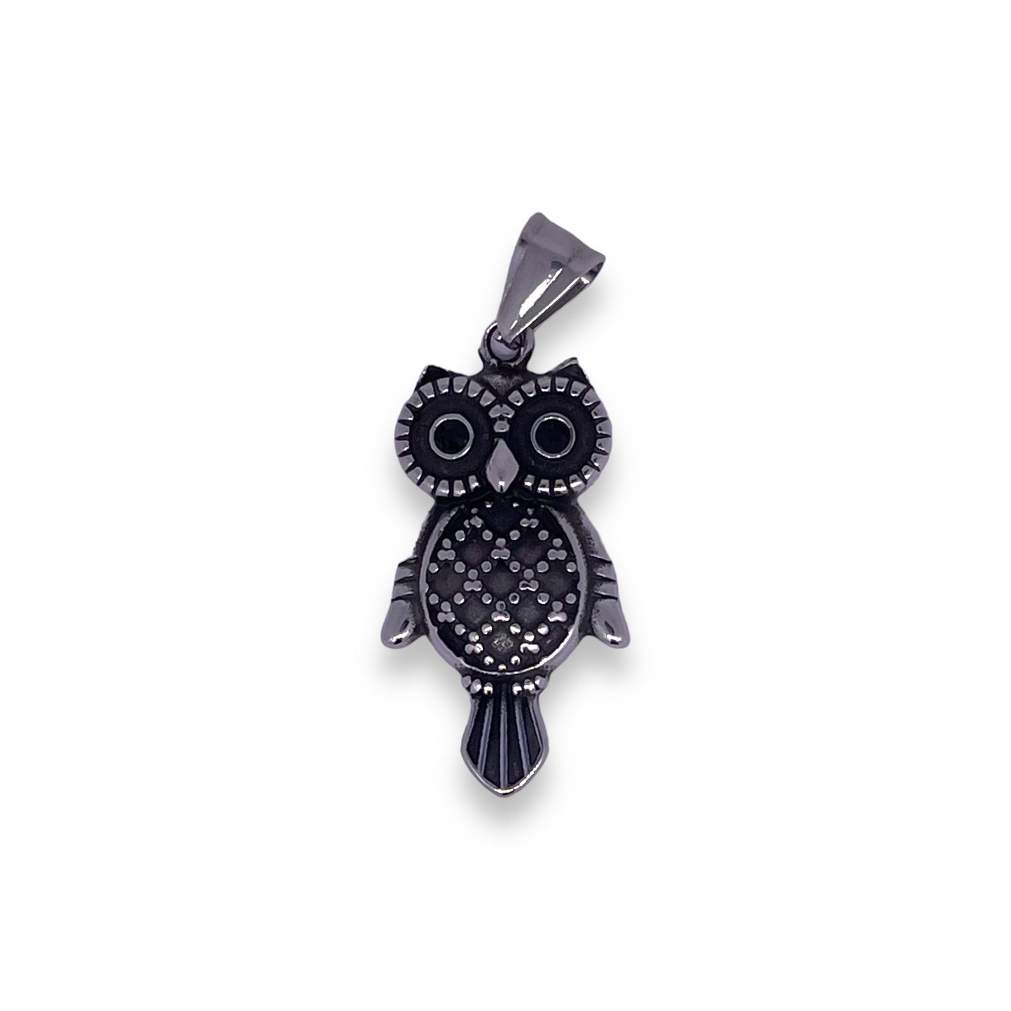 Watchful Owl Pendant with Black Crystals in Surgical Stainless Steel