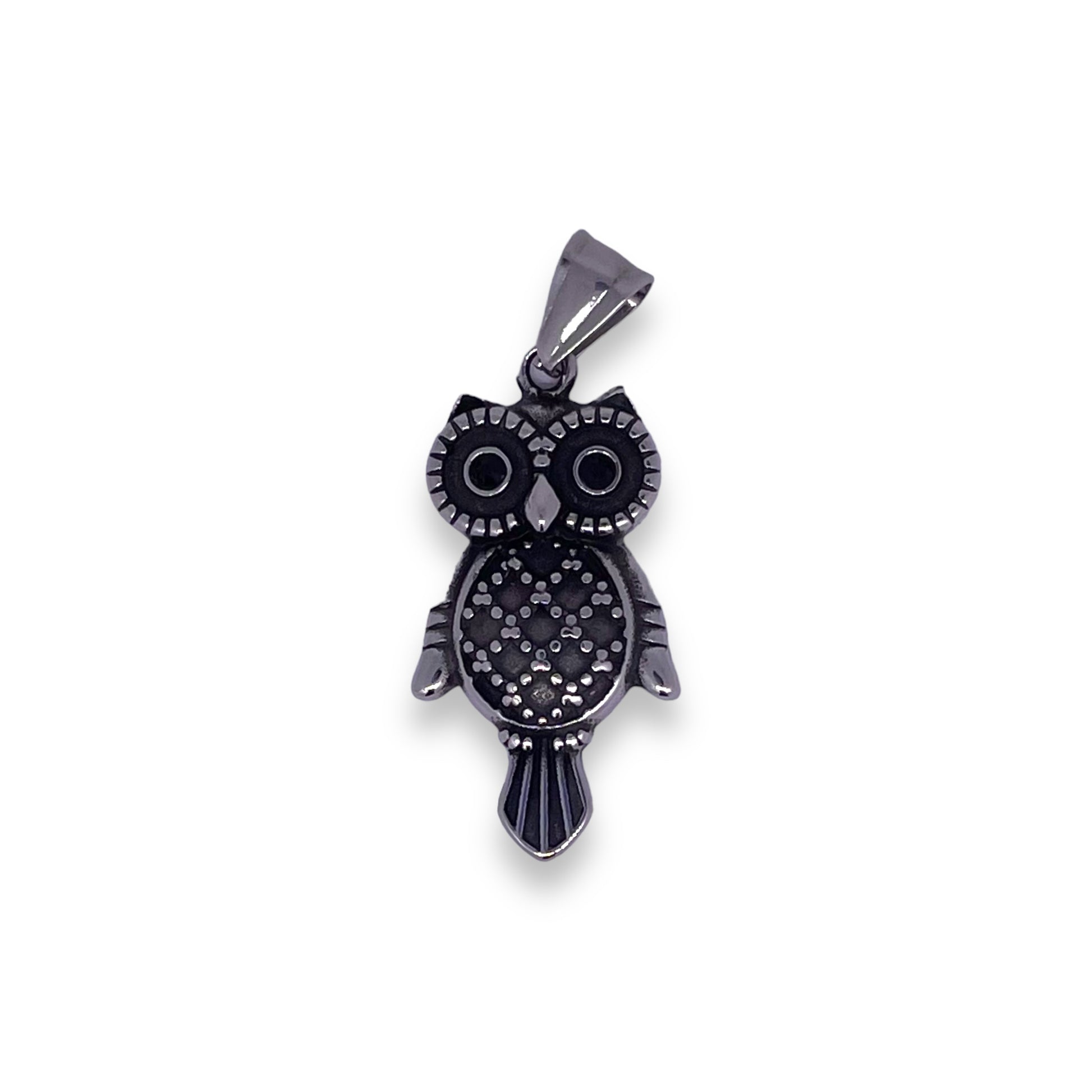 Watchful Owl Pendant with Black Crystals in Surgical Stainless Steel