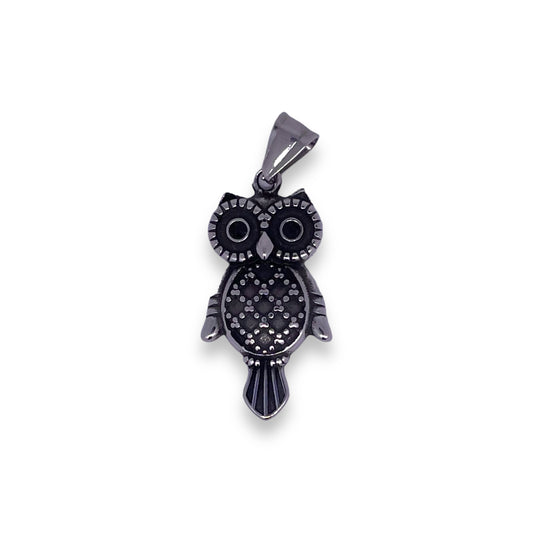 Watchful Owl Pendant with Black Crystals in Surgical Stainless Steel