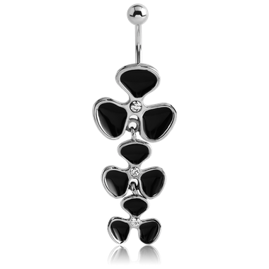 Black Flowers with Crystals Dangle Belly Banana [01109] - Big Dog Steel Surgical Stainless Steel