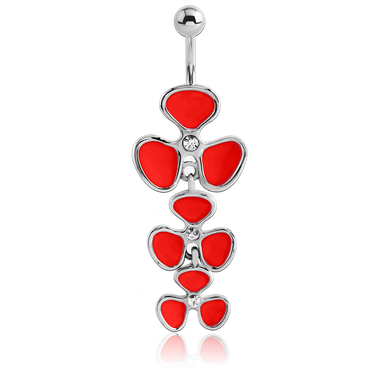 Red Flowers with Crystals Dangle Belly Banana [01133] - Big Dog Steel Surgical Stainless Steel